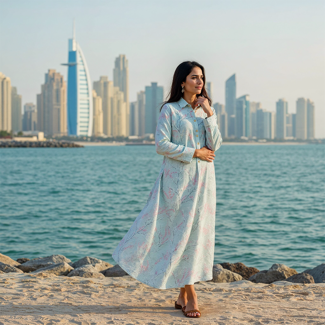 Elegant Striped Maxi Shirt Dress - Lite Blue
