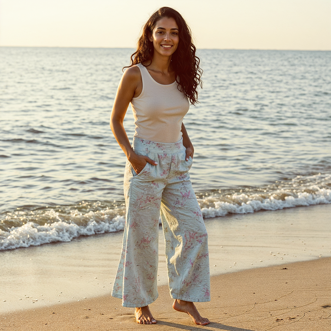 Wide leg pants, half elastic waist - Lite Blue