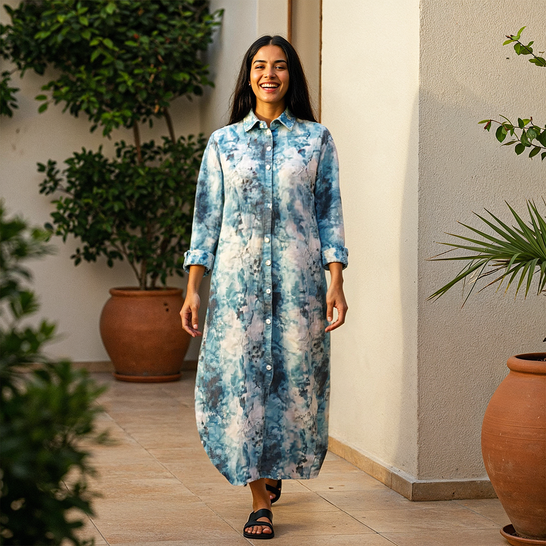 Elegant Striped Maxi Shirt Dress - Navy