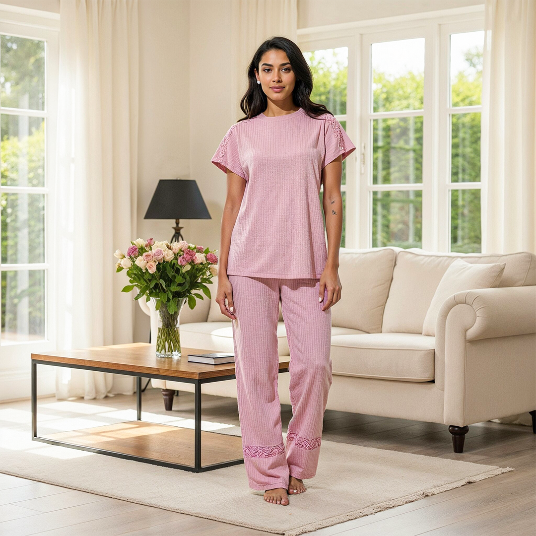 Elegant Summer Jacquard Pajama Set with Lace Detailing - Kashmir