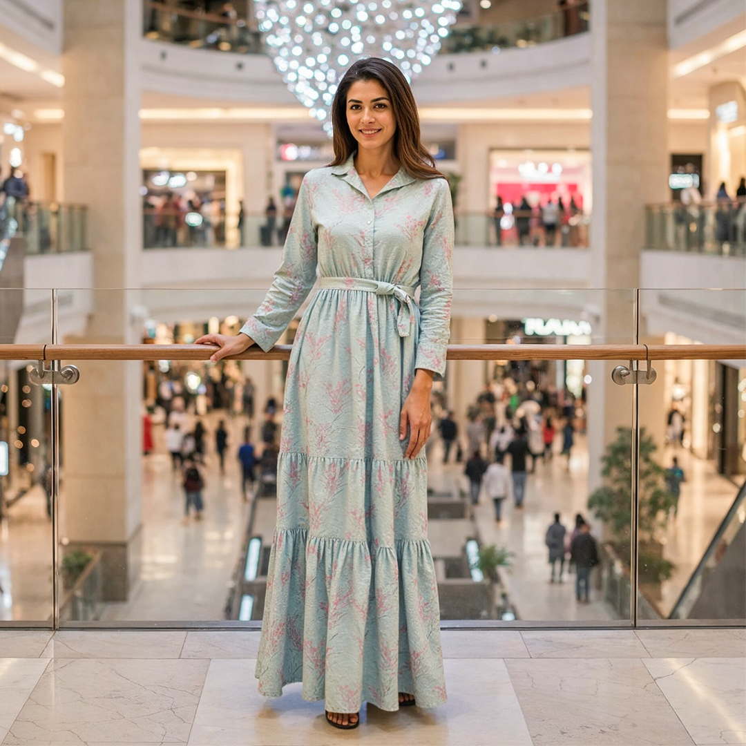 Elegant Women's Linen Dress with Buttons - Lite Blue
