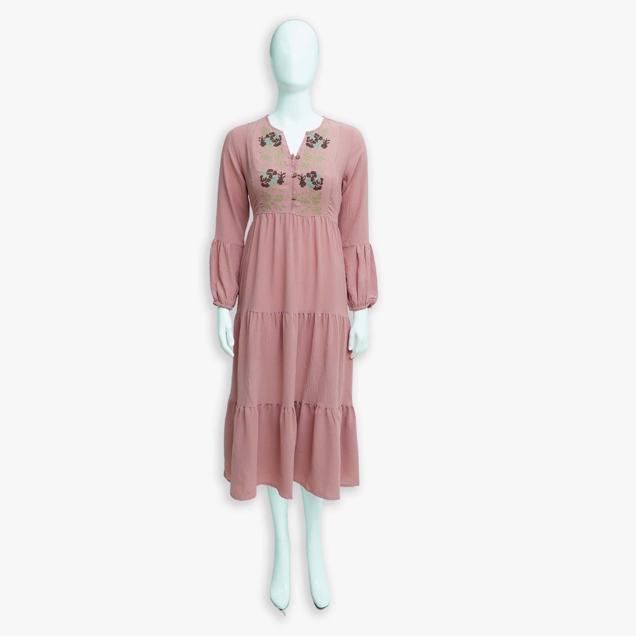 Dusty Rose Tiered Midi Dress with Floral Embroidery