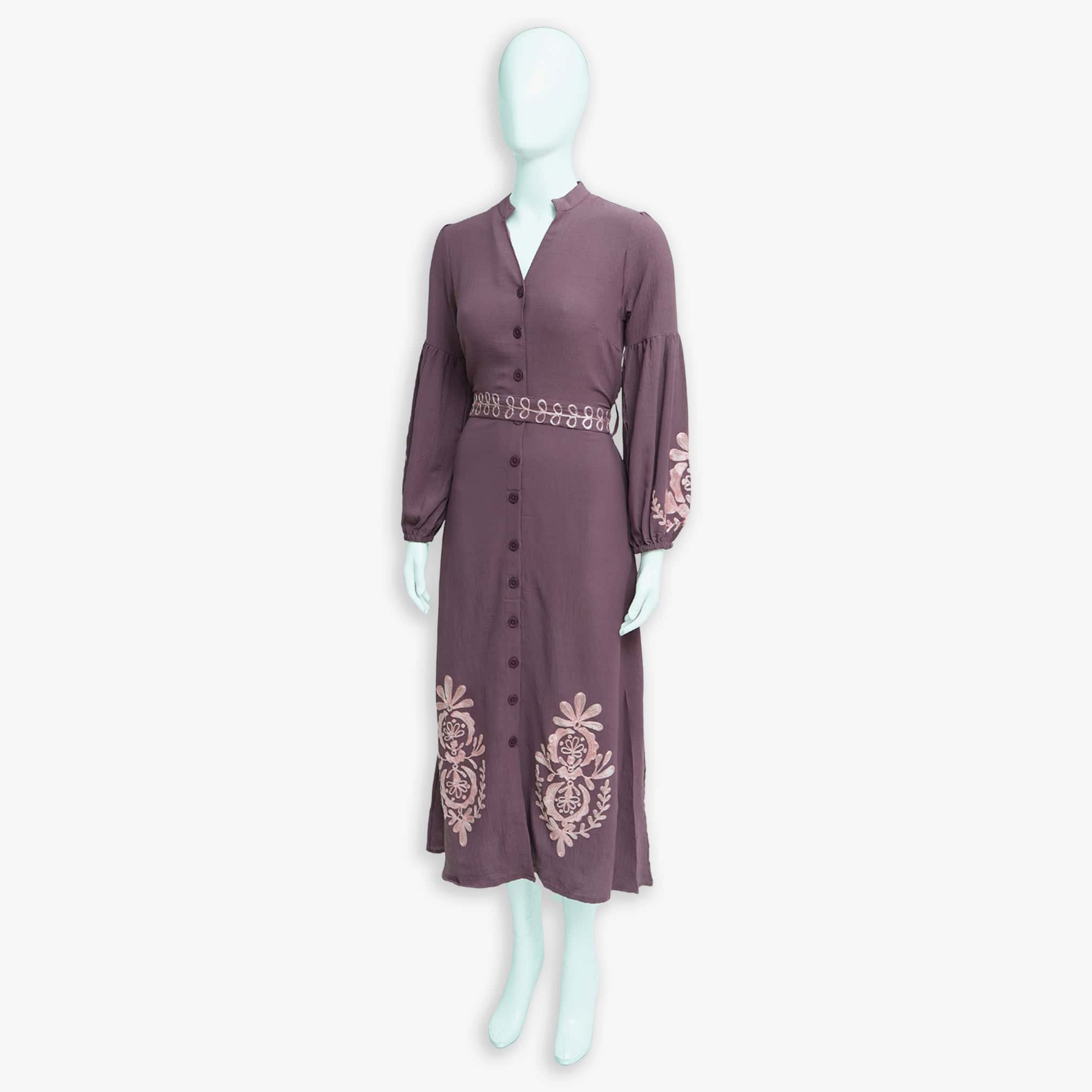 Plum Embroidered Maxi Dress with Belt