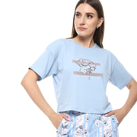Womens Summer Pajamas Crop Shirt & Pants , New and Trendy - Light Blue