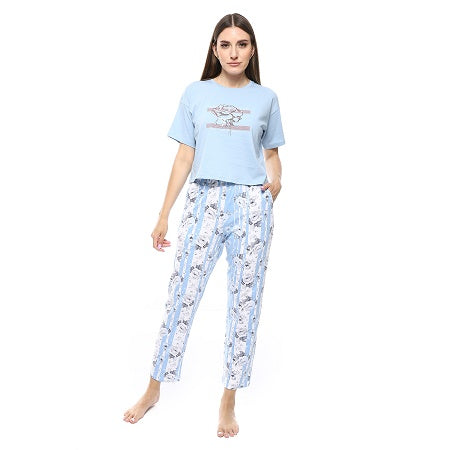 Womens Summer Pajamas Crop Shirt & Pants , New and Trendy - Light Blue