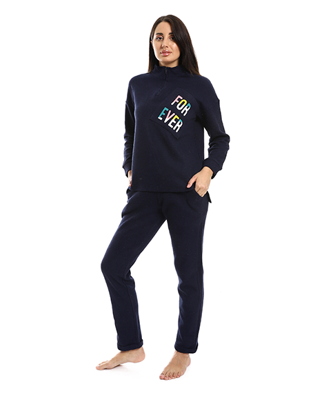 Womens High Neck Pajama With Pocket - Navy