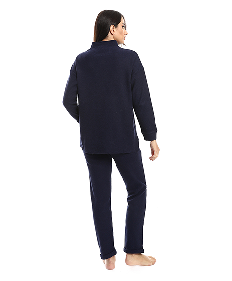 Womens High Neck Pajama With Pocket - Navy