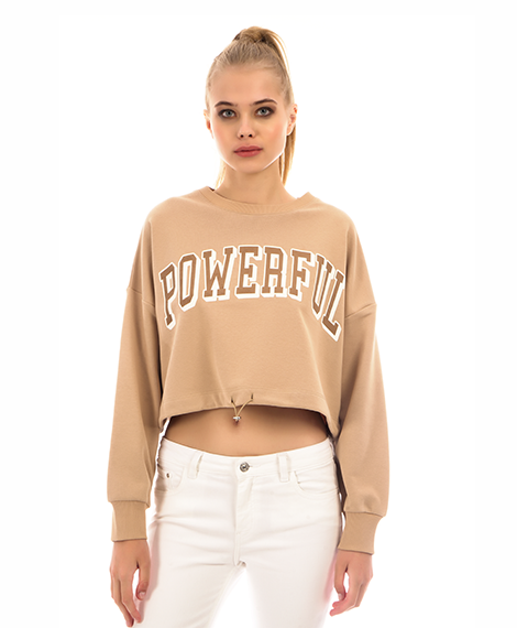 Joggy - 7627 Winter Printed Casual Short Sweatshirt For Women - Beige