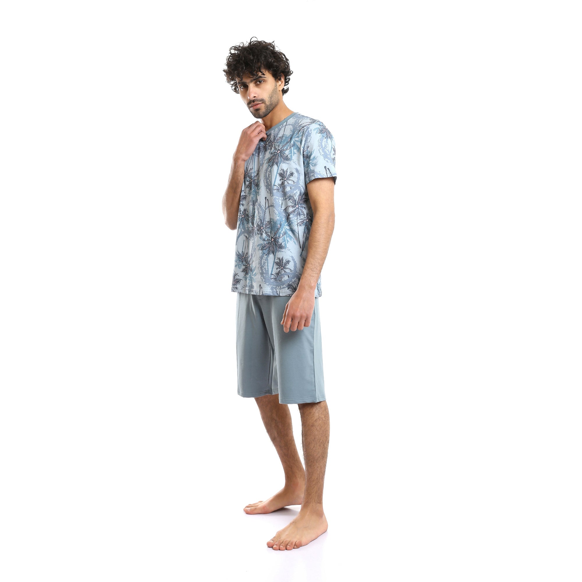 Printed Palm Trees Tee & Shorts Pajama Set - Baby Blue