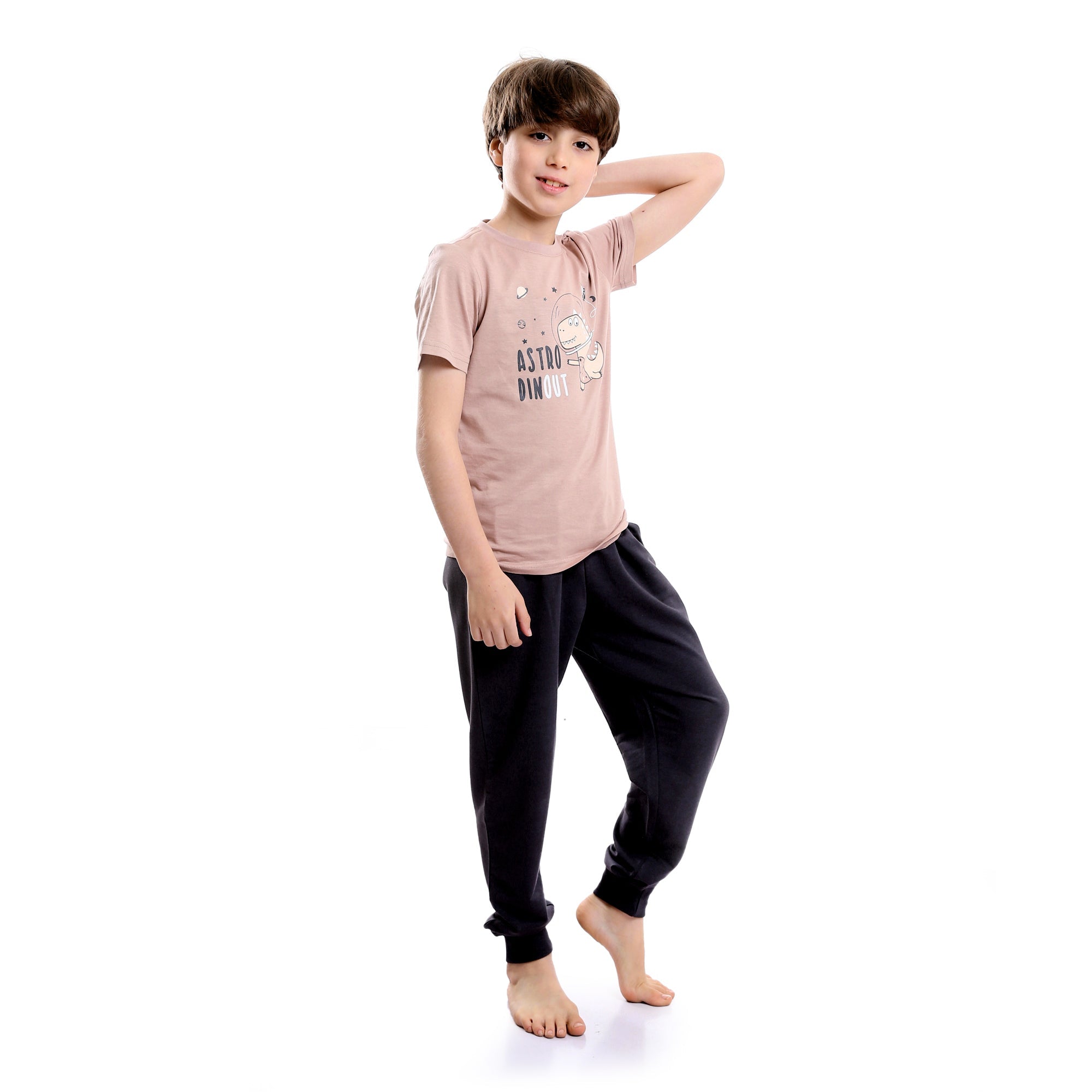 Boys Printed Dinosaur Cashmere Tee & Grey Pants Pajama Set