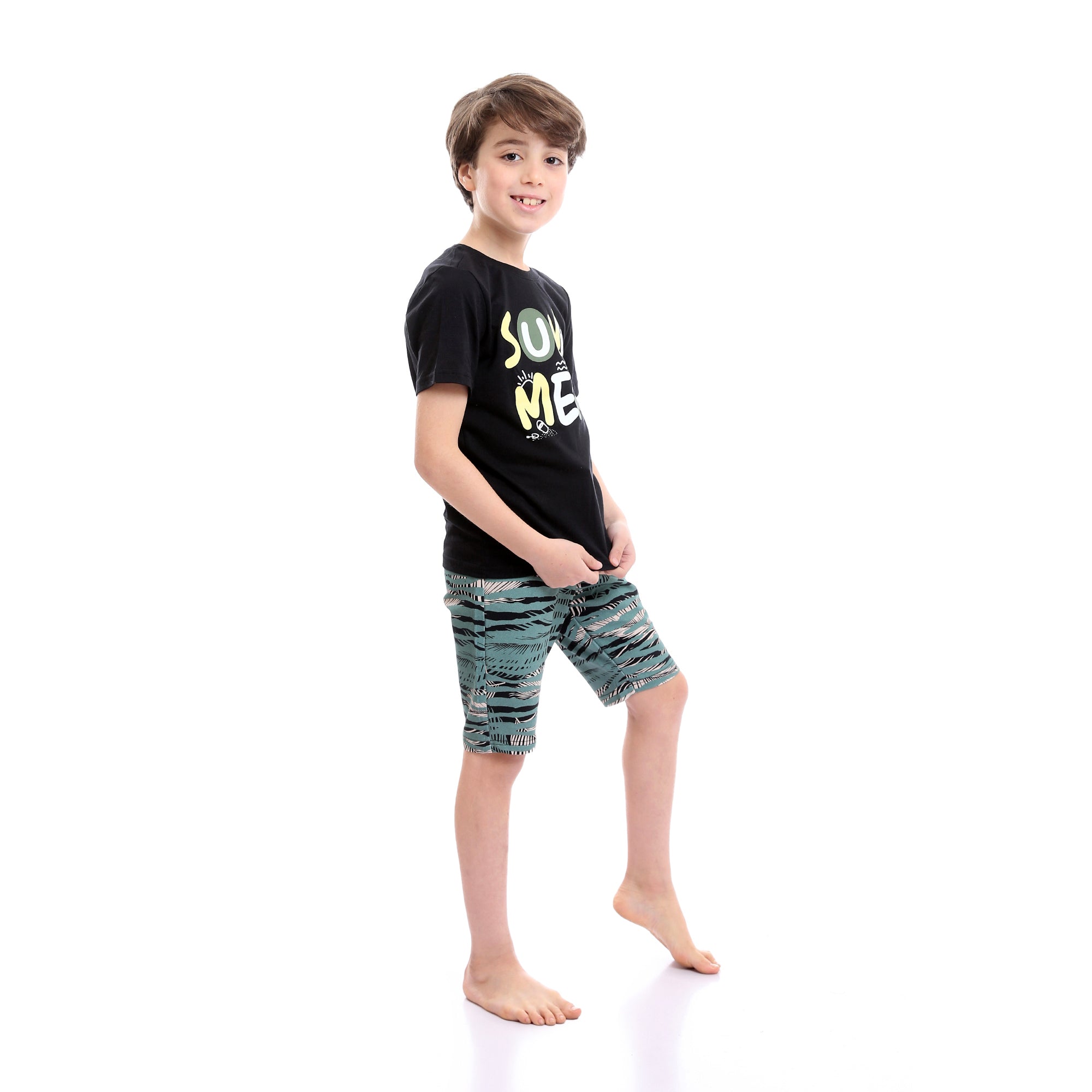 Boys Printed Colorful Summer & Shorts Pajama Set - Black & Mint Green