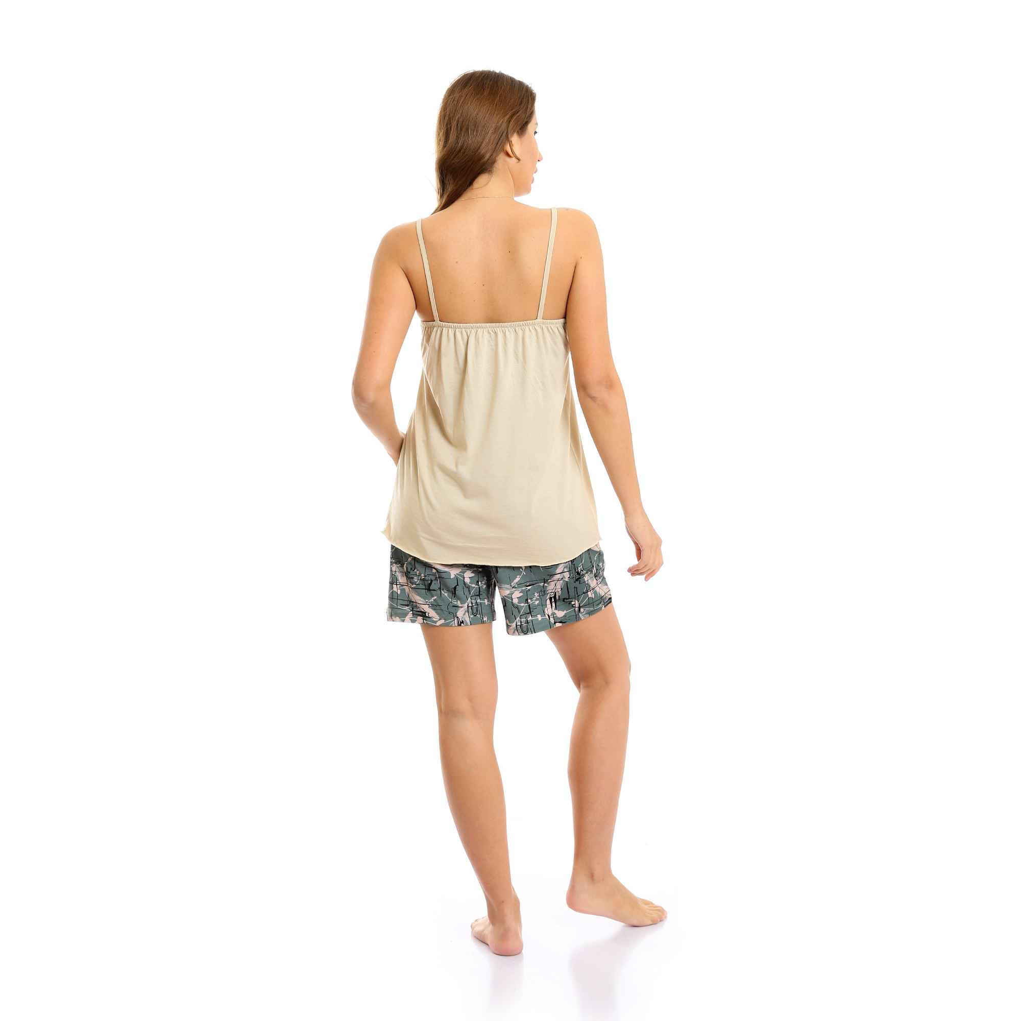 Deep V-Neck Long Top & Shorts Pajama Set - Beige & Olive