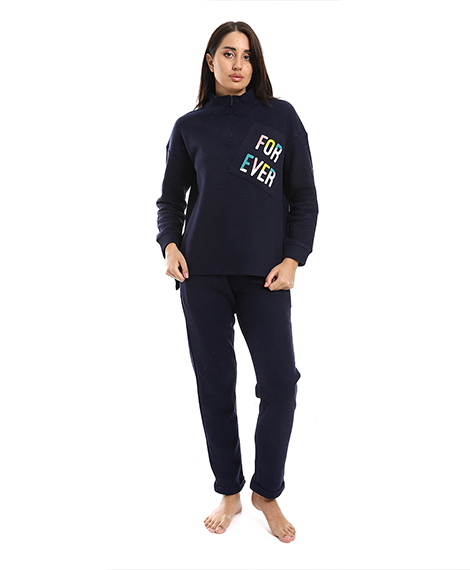 Womens High Neck Pajama With Pocket - Navy