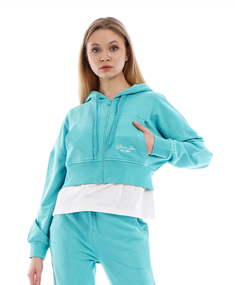 Joggy - 7638 Winter Zippered Casual Short Sweatshirt For Women - Turquoise