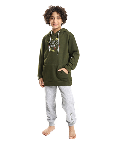 Boys Dark Green Hoodie and Grey Pants Set - Cozy Winter Loungewear
