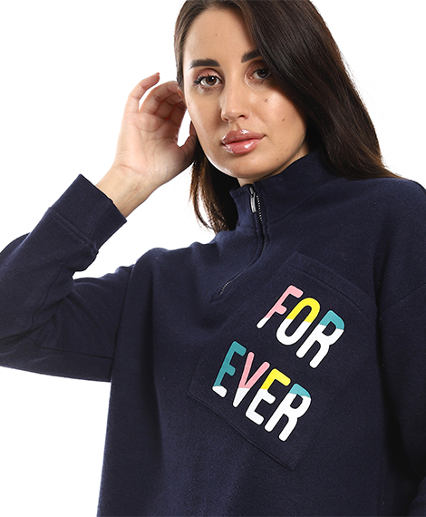 Womens High Neck Pajama With Pocket - Navy