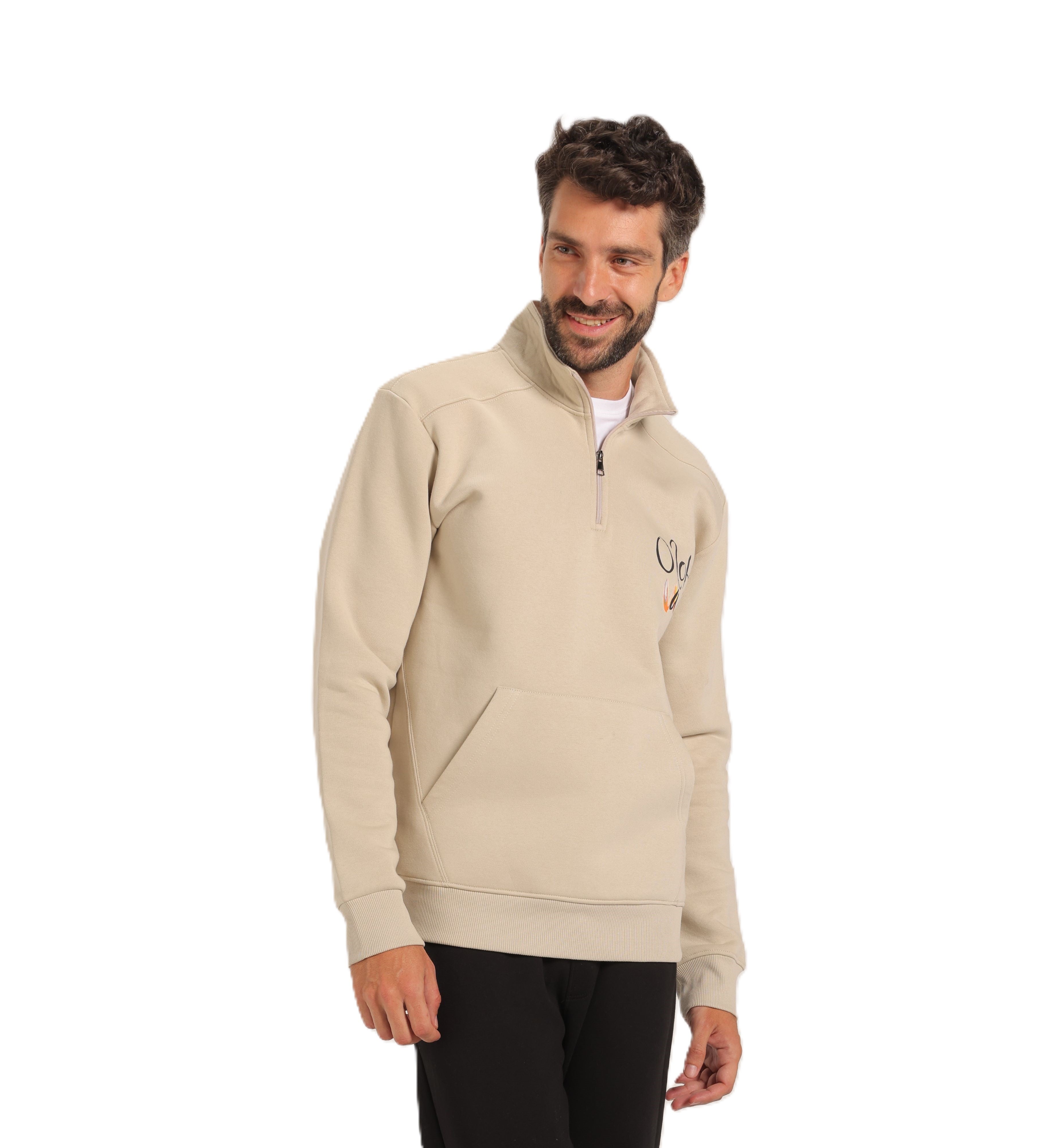 Men’s Casual Beige Sweatshirt – Half-Zip with Unique Print
