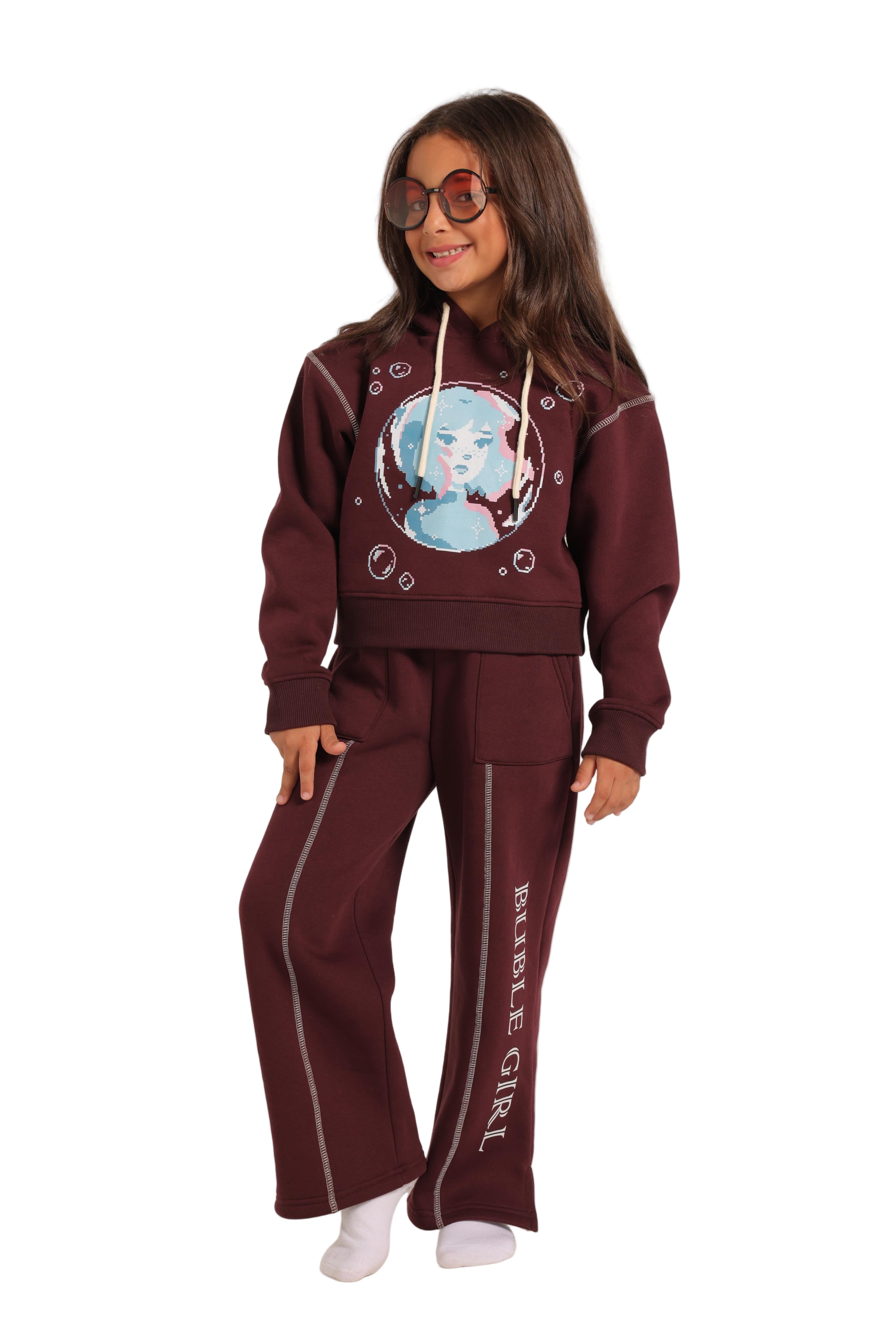 Girls' Winter Pajama Set –Burgundy Hoodie and Burgundy Wide-Leg Pants