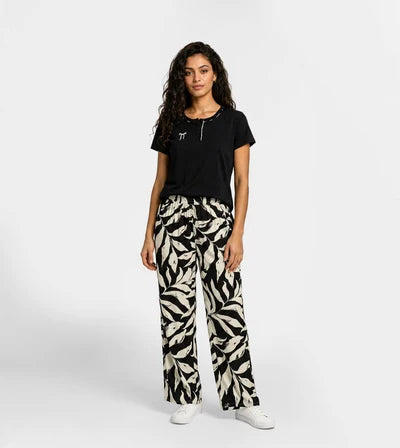 Women Black Henley Cotton Pajama Pants Set