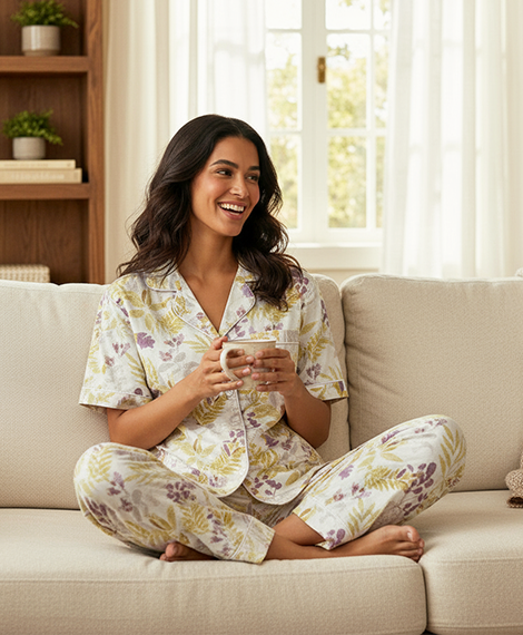 Elegant & Cozy Sleep Set: Light Floral Print Short-Sleeve Top + Matching Pants