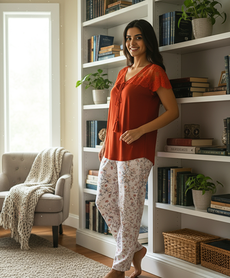 Cozy Nightwear Set: Red Top with Lace Sleeves & Floral Print Pajama Pants