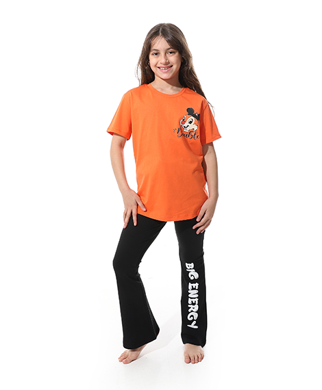 Girls' Cartoon Printed Pajama Sets with Back Print -Orange