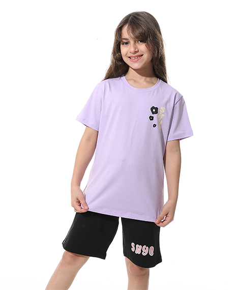 Girls’ Purple Printed Short Pajama Set