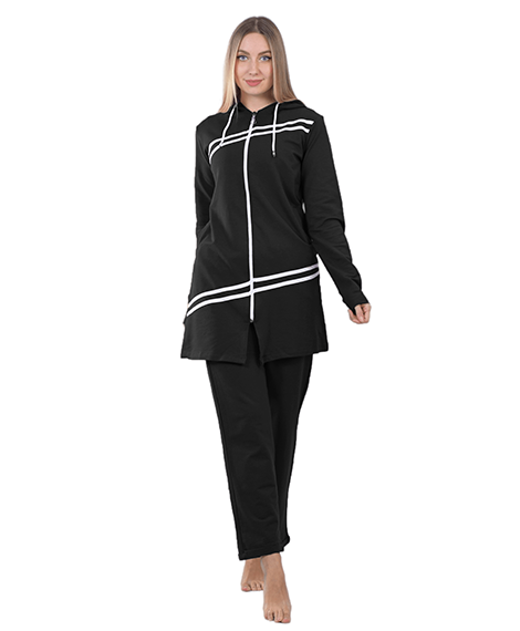 Women's Black Full-Coverage Activewear Set with Hoodie