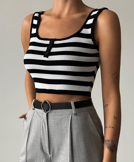 Women's Casual Striped Sleeveless Tank Top ,Summer Fashion - Black & White - Black