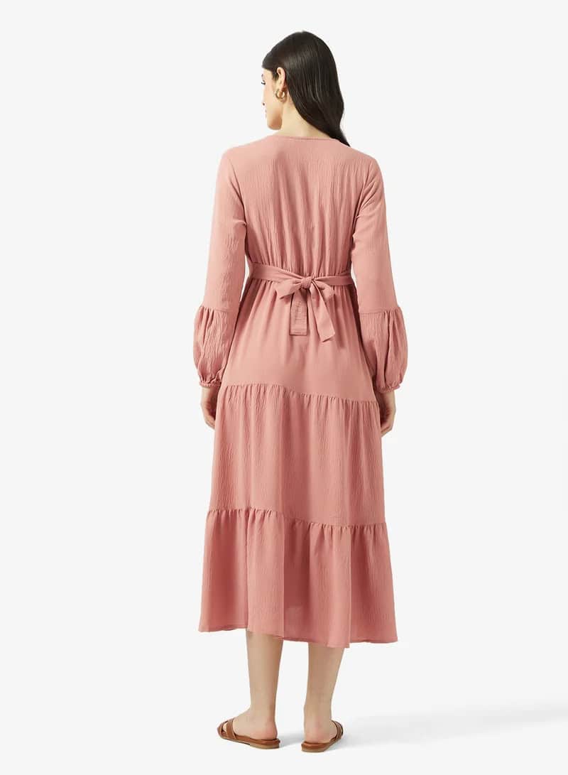 Dusty Rose Tiered Midi Dress with Floral Embroidery