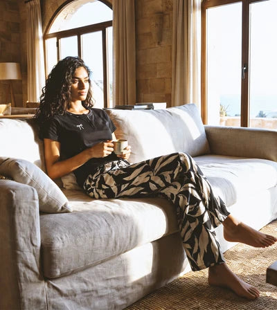 Women Black Henley Cotton Pajama Pants Set