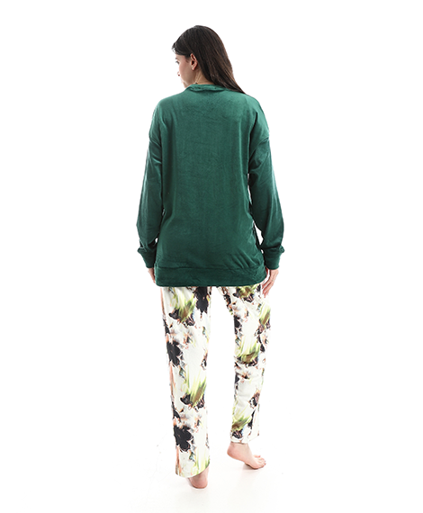 Women's Emerald Velvet Embroidered Loungewear Set