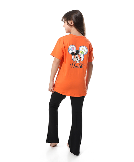 Girls' Cartoon Printed Pajama Sets with Back Print -Orange