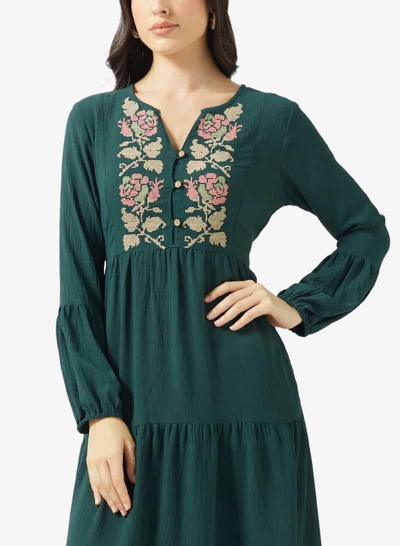 Bohemian Embroidered Tiered Midi Dress