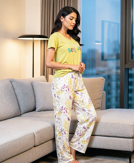 Yellow Graphic Tee with Floral Print Pajama Pant
