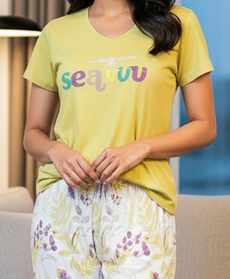 Yellow Graphic Tee with Floral Print Pajama Pant