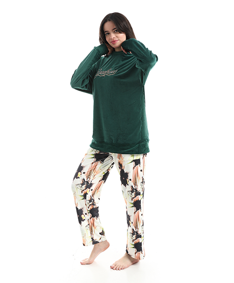 Women's Emerald Velvet Embroidered Loungewear Set