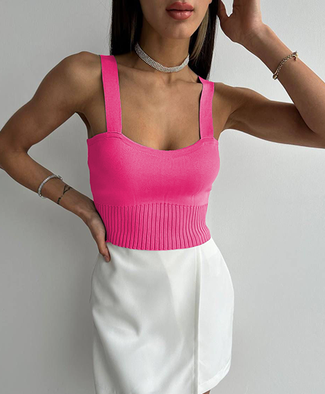 Women's Ribbed Knit Crop Top - Perfect For Evening Events And Casual Elegance - Fusia