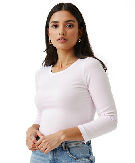 تي شيرت بيزك نسائي ياقة دائرية أكمام طويلة - أبيض