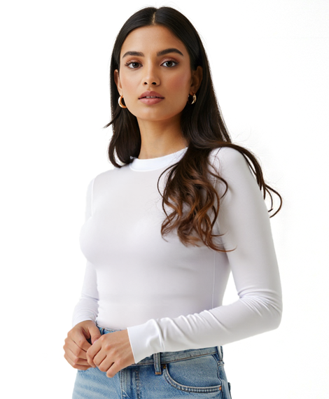 High Neck Long Sleeve T-Shirt For Women - White