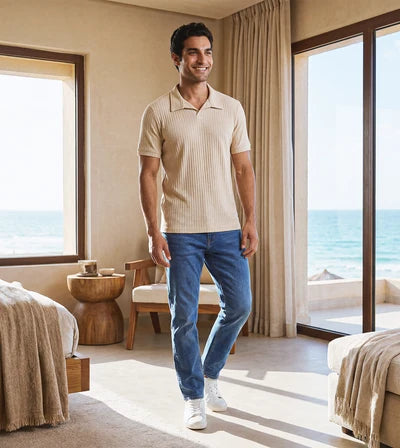 Men Ribbed Knit Polo T-Shirt