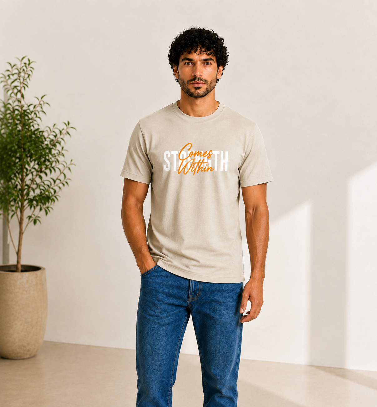 Men "Strength" Script Cotton Tee in Silver