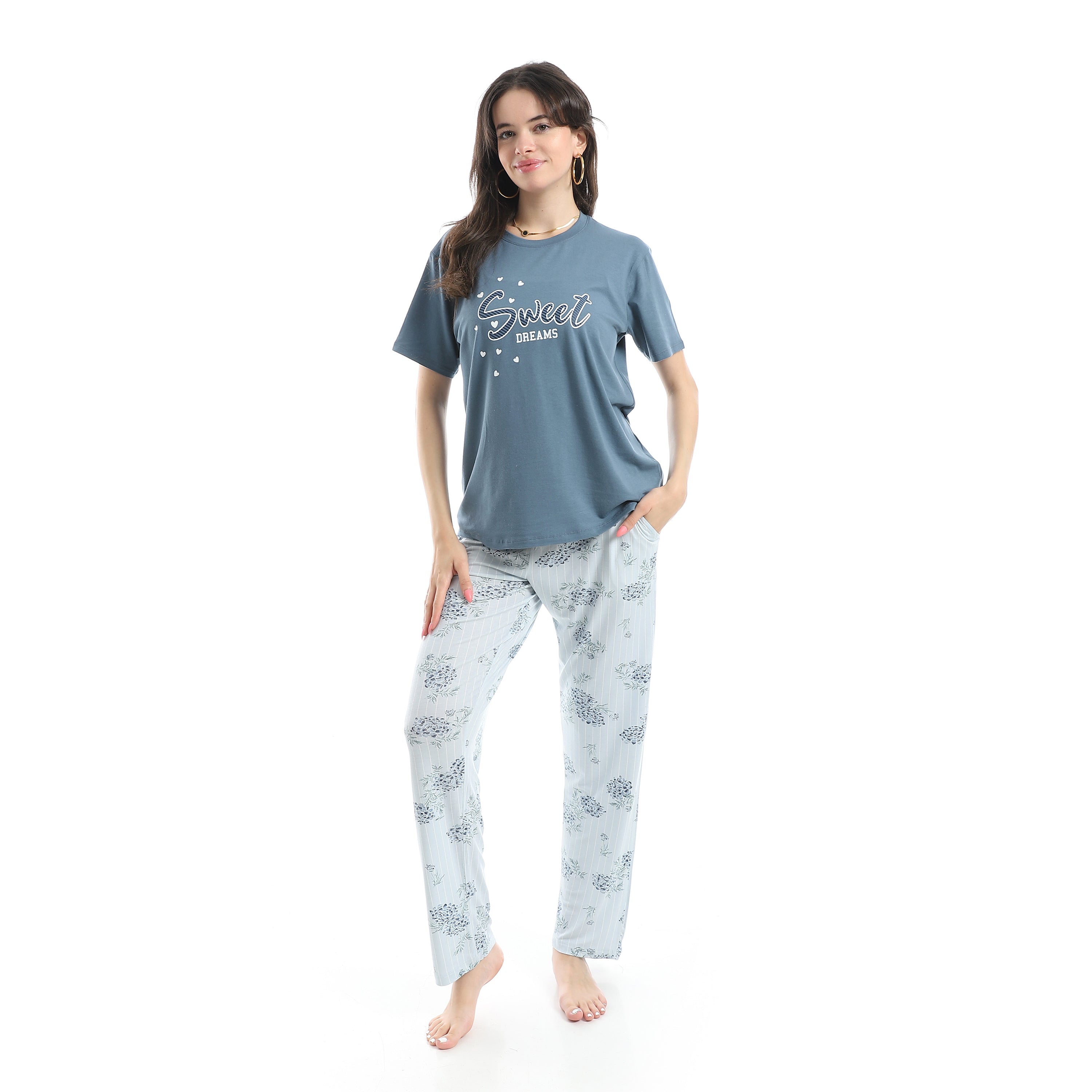 Women's Summer Pajama - Floral Pants - Indigo