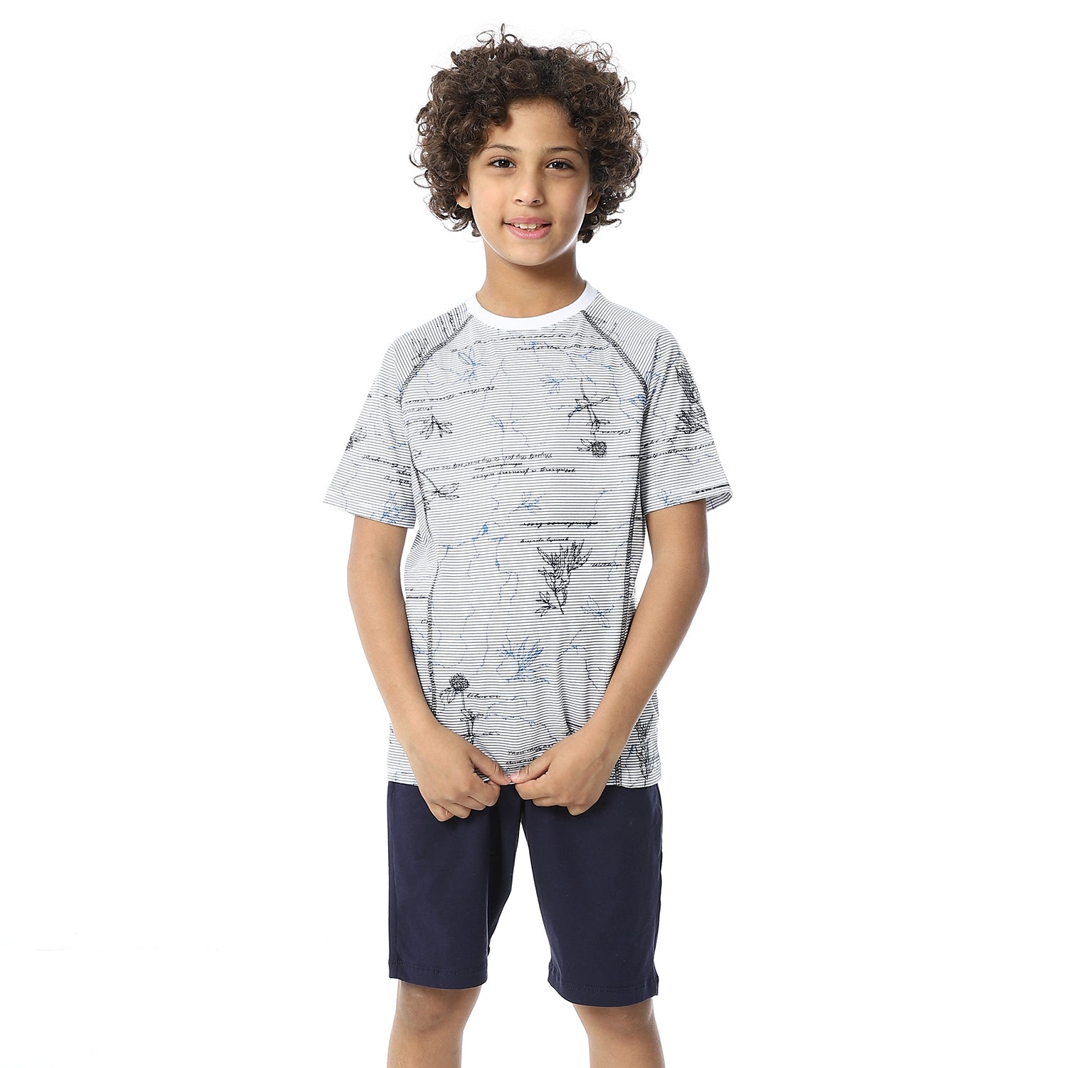 Boys Short Sleeves Tee & Slip On Shorts Pajama Set - White & Navy