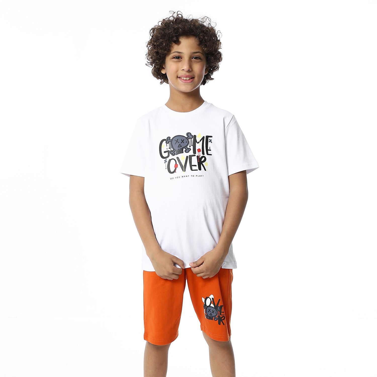 Boys Printed Colorful Summer & Pajama Shorts Set - White & Orange