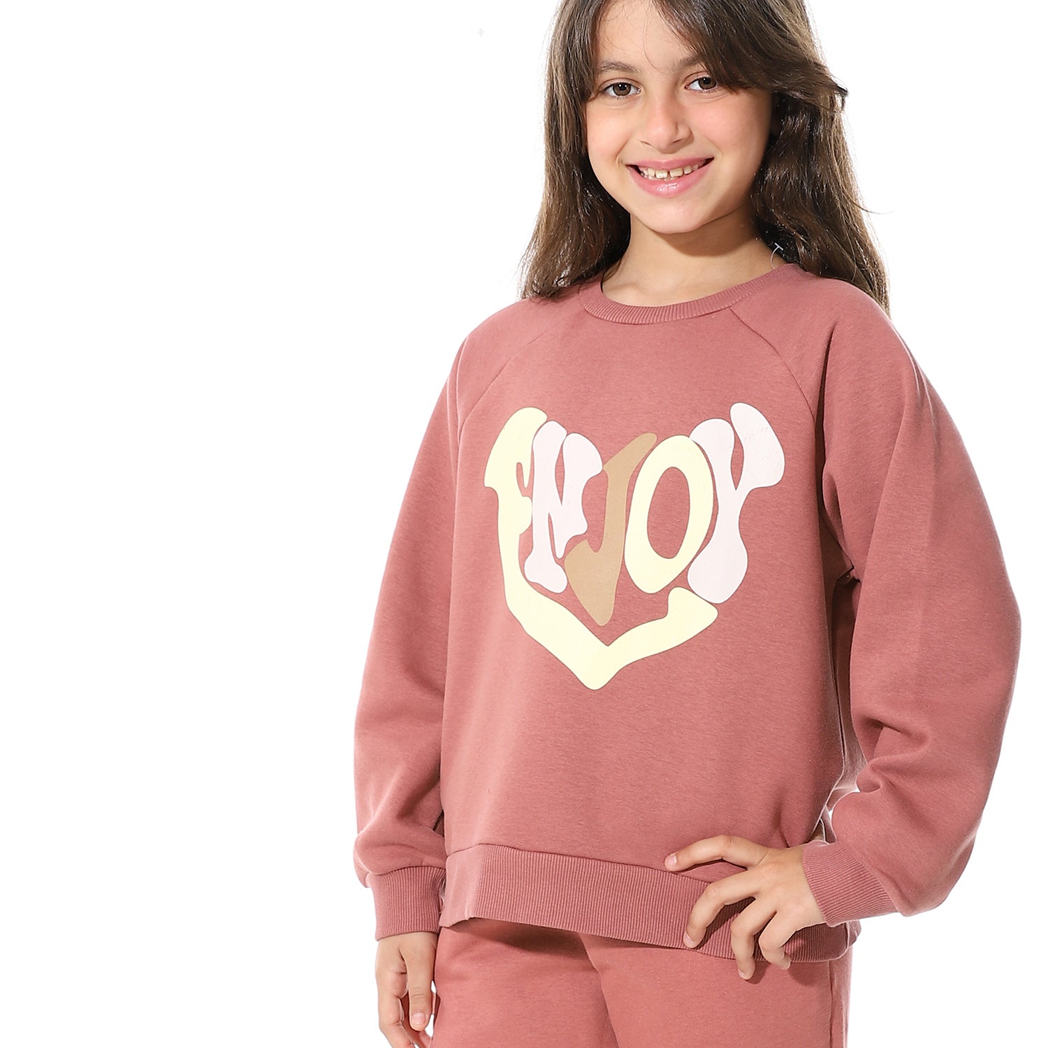 Girls' Cozy Two-Piece Lounge Set – Mauve with "Enjoy" Heart Print