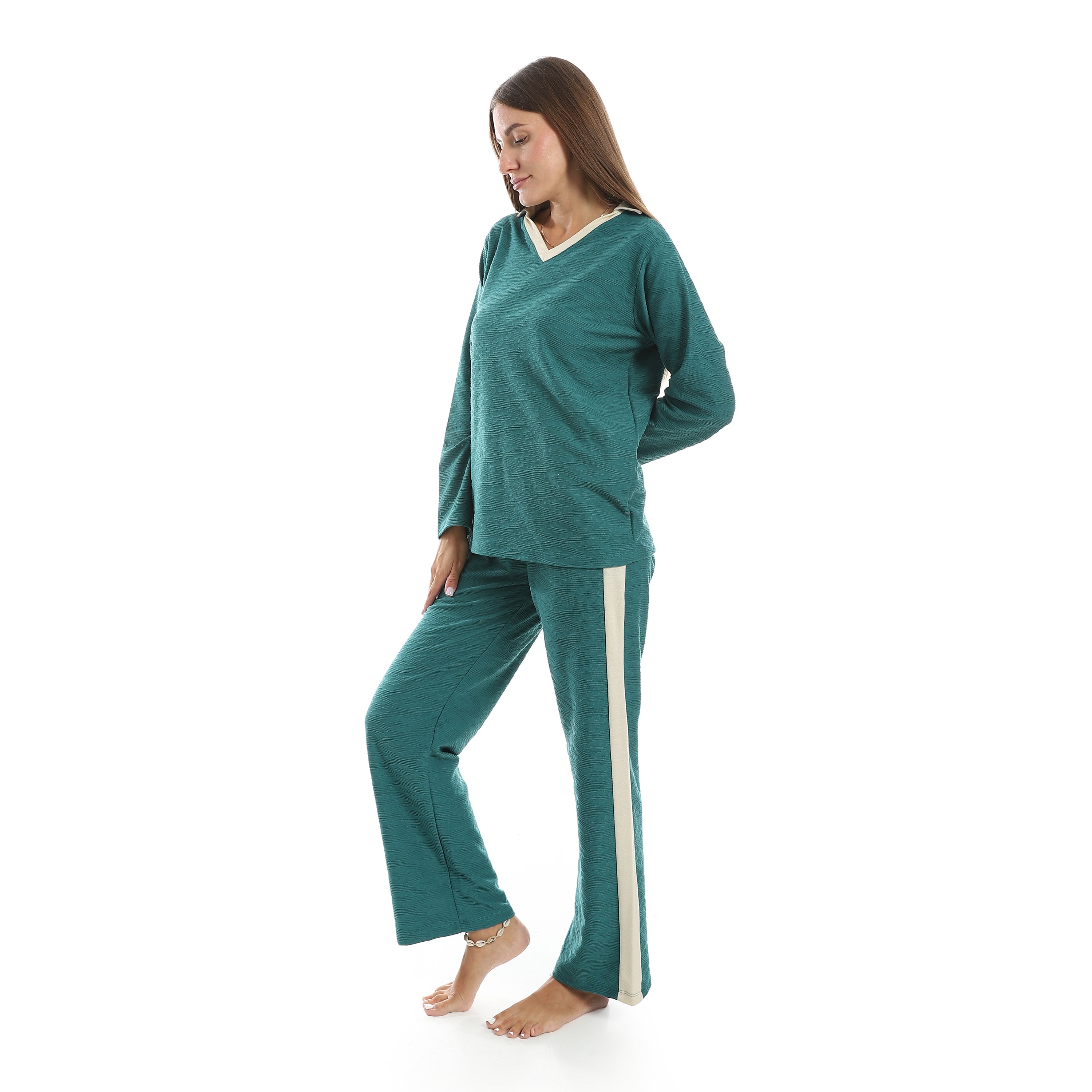 Women’s Jacquard Pajama Set – Long Sleeve Top & Pants with Beige Side Stripe -Ganzari