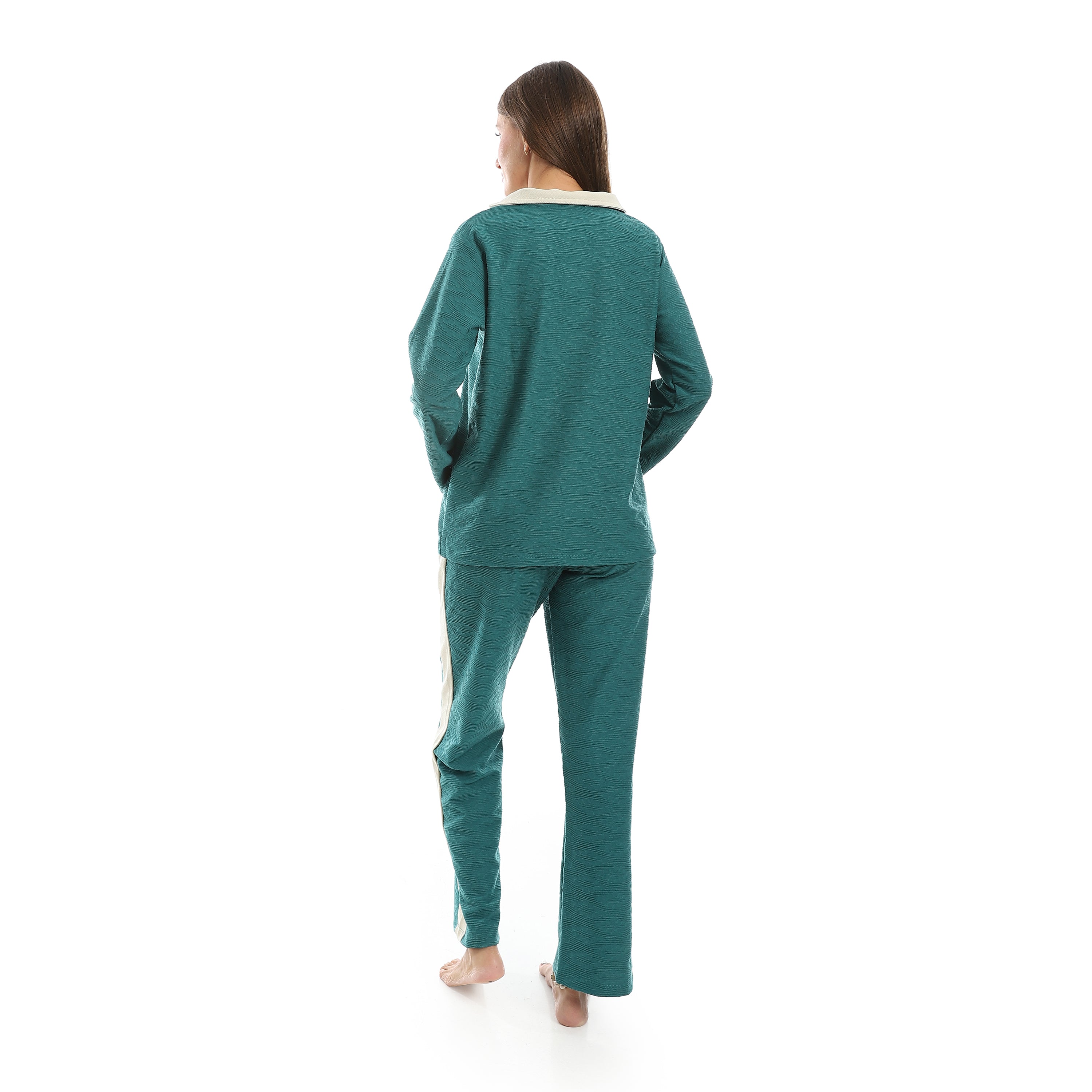 Women’s Jacquard Pajama Set – Long Sleeve Top & Pants with Beige Side Stripe -Ganzari