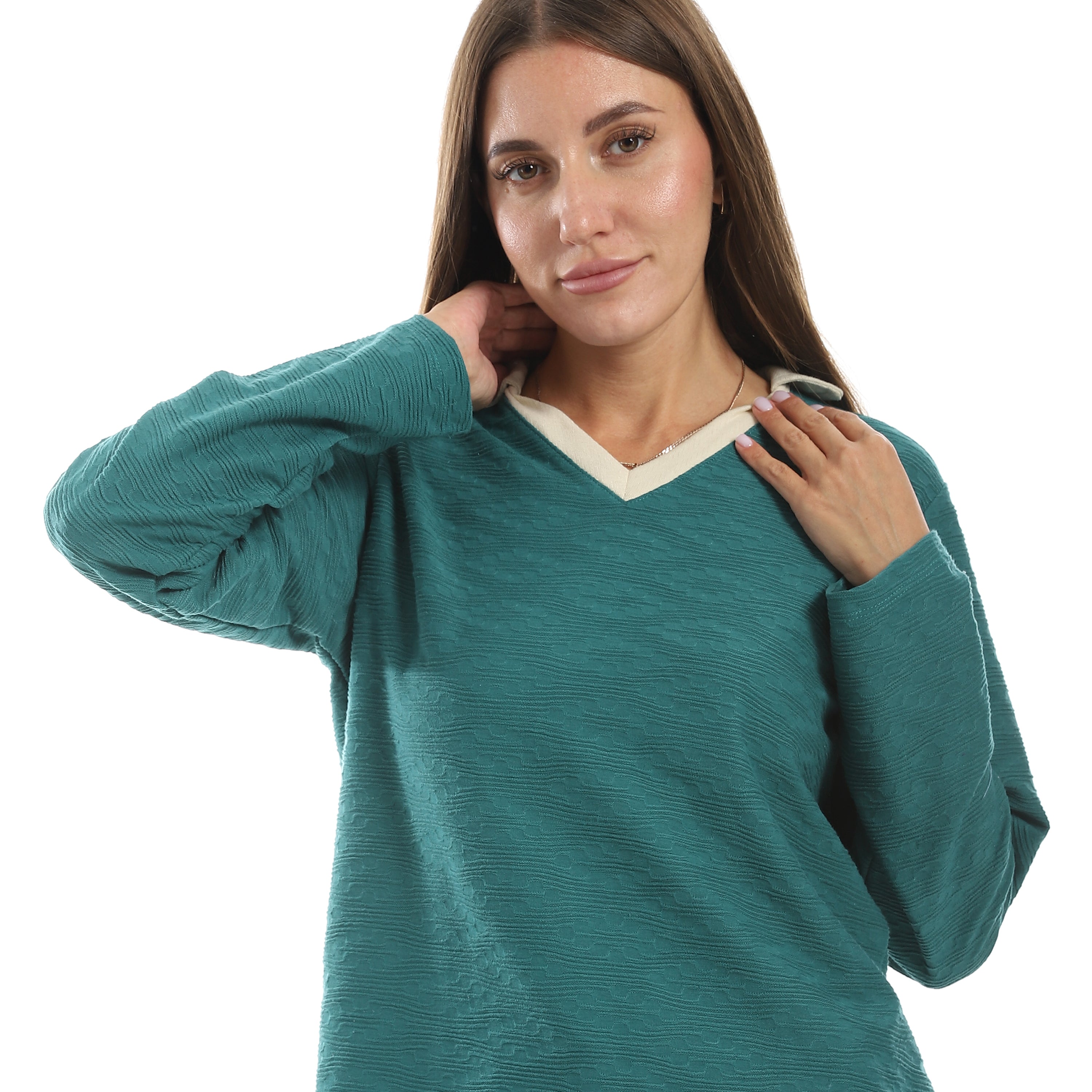 Women’s Jacquard Pajama Set – Long Sleeve Top & Pants with Beige Side Stripe -Ganzari