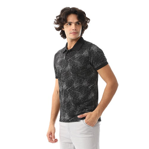 Men's Black and Grey Jacquard Polo -  Casual Wear